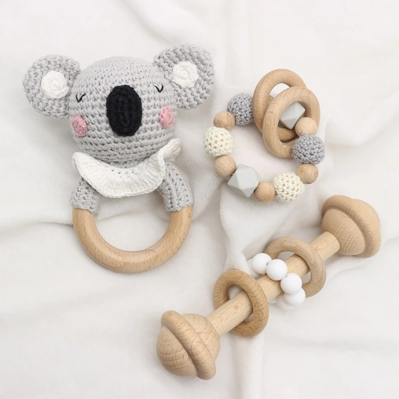 Baby Beech Wooden Teether Ring DIY Crochet Koala Rattle Soother Infant Teething Chewing Molar Toys Dropshipping