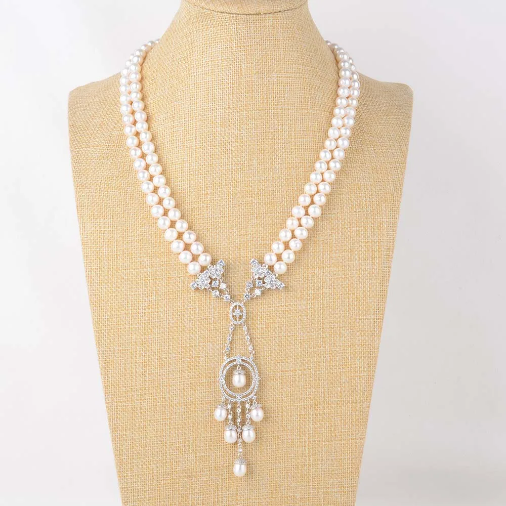 

23" 2 Strands White Pearl Necklace CZ Pendant