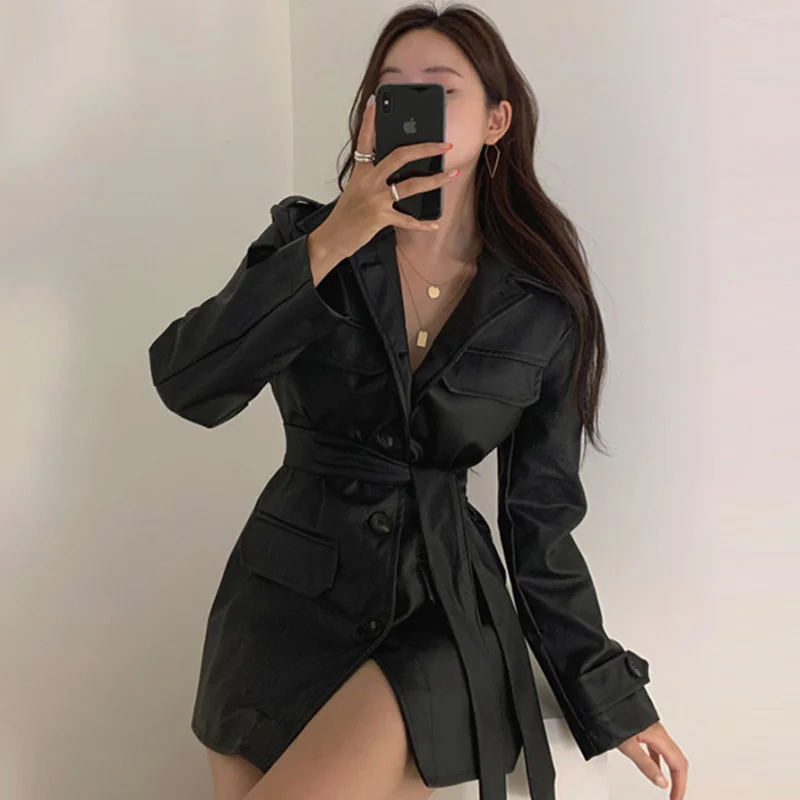 Korean Temperament Lapel Single Breasted Multi Pocket Lace Up Waist Long Sleeve Medium Long Leather Coat Women 2021  N115