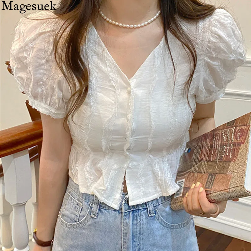 Sweet Lace Stitching Summer Women's Shirt Korean Fashion Puff Short Sleeve Slim Blouse Women Cotton Short Tops New Blusas 15668