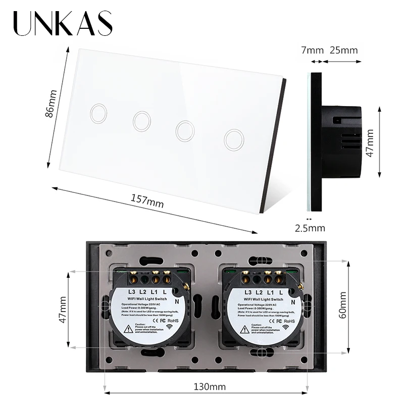 UNKAS 4 Gang Wifi EU Standard Touch Smart Switch Black Crystal Glass 157mm Panel Home Improvement Work Tuya Alexa / Google