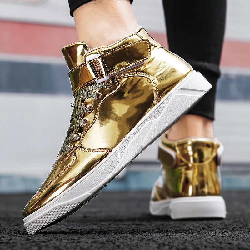 Fashion Golden Men\'s Mirror Shoes Couple Glitter Leather Men High Sneakers Large Size 48 Casual Sneakers Men Flats basket homme