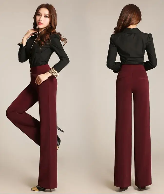 High waist women fashion office work pants plus size wide leg ladies formal trousers black red female wide leg pants