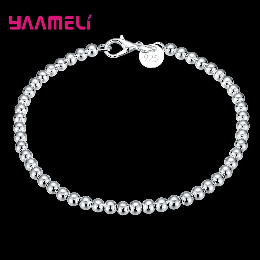 Pure 925 Sterling Silver 4mm Small Beads Charms Strand Bracelets Bangles for Women Wedding Engagement Femme Jewelry