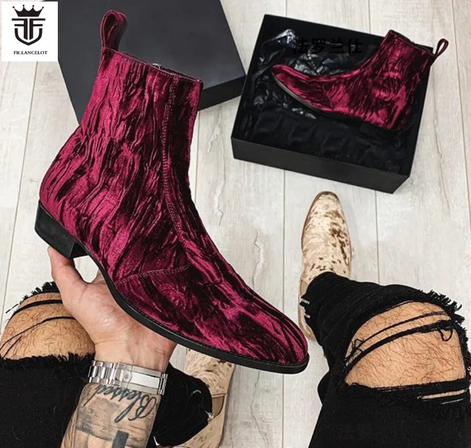 2020 new fashion men booties wine red Chelsea Boots zip up Boots point toe Men\'s party shoes heel 5cm velvet botas