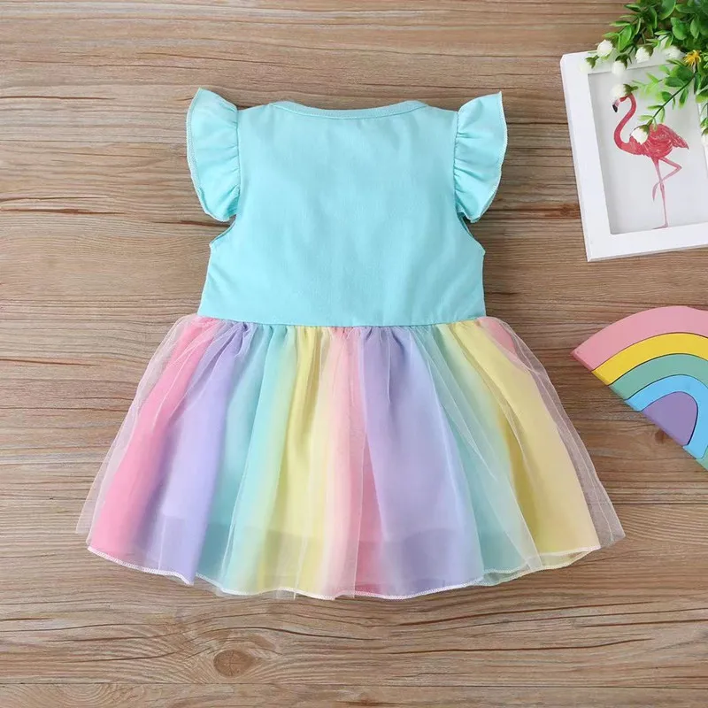 Princess Printed Cute Baby Girl Clothes Cotton Flying Sleeve Girls Rainbow Dresses Casual Toddler Vestidos Birthday Party Dress