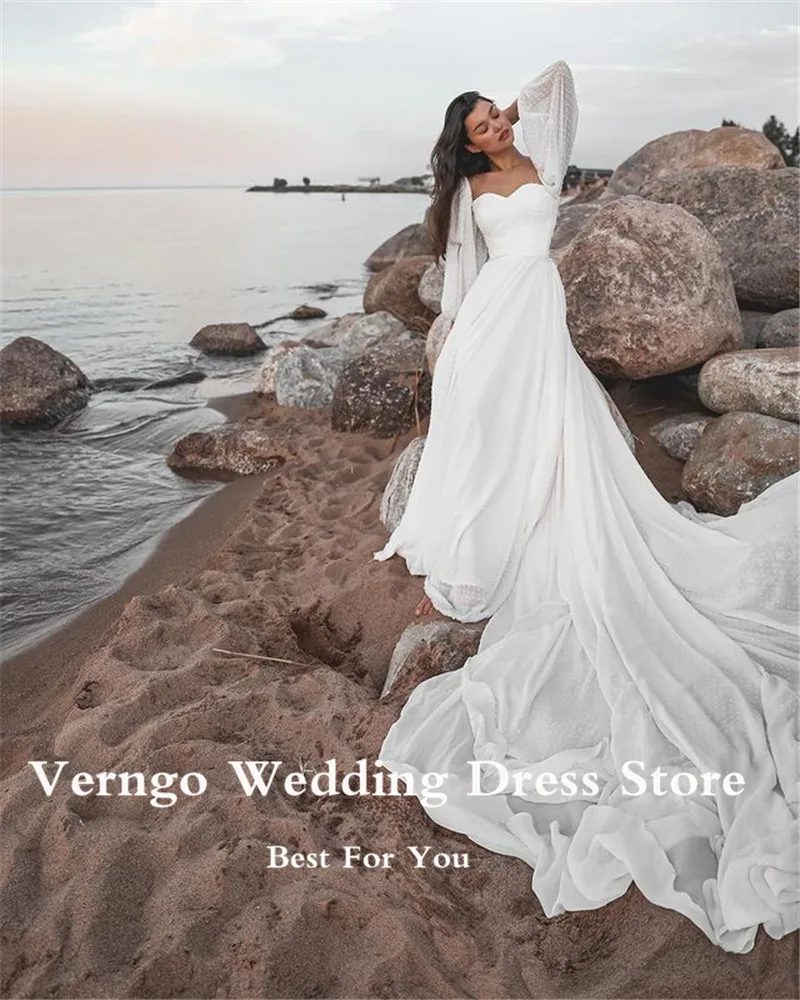 Verngo Vintage A Line Dotted Silk Wedding Dresses Boho Puff Long Sleeves Sweetheart Beach Wedding Gowns 1.5M Train Bridal Gown