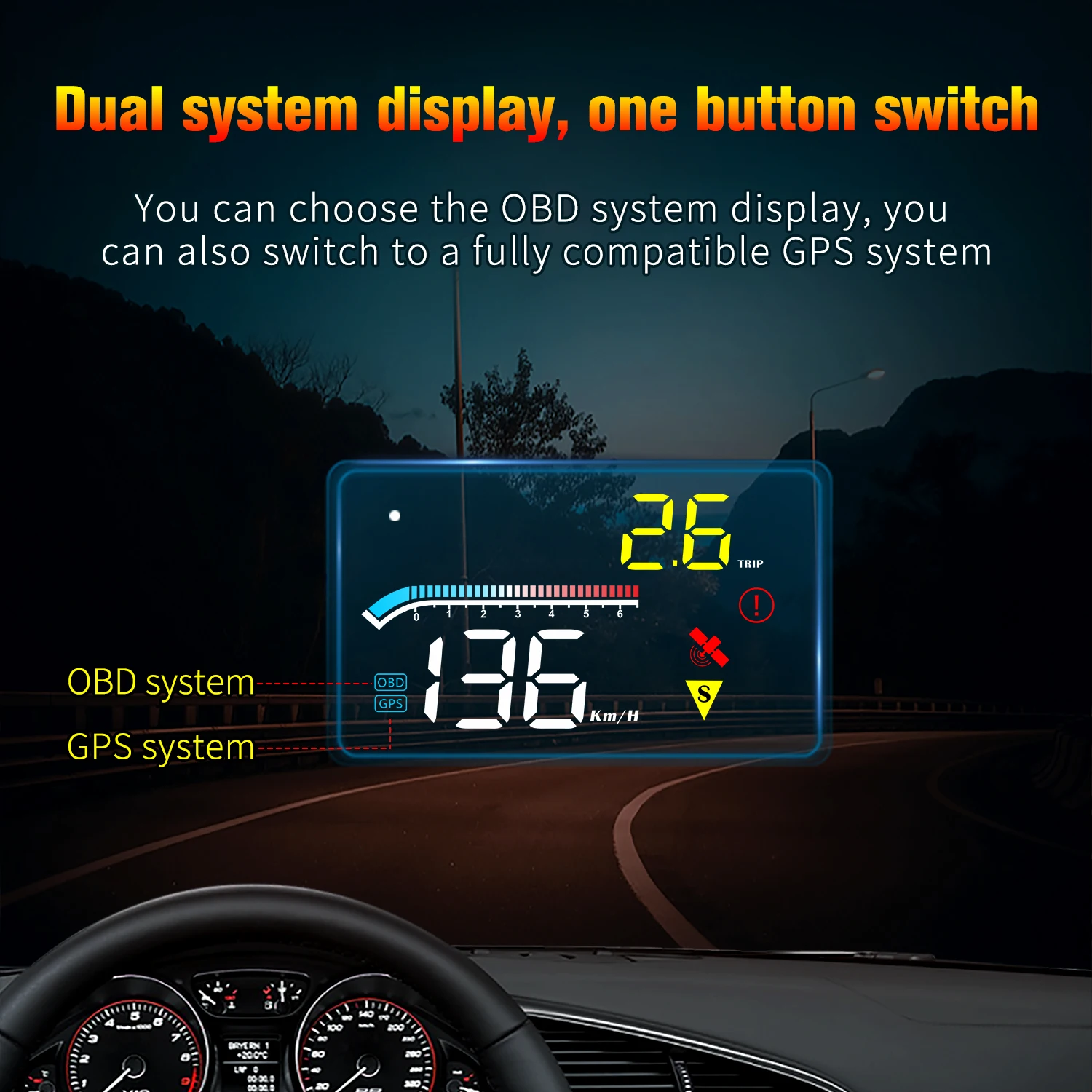 

BigBigRoad HUD Head Up Display OBD2 GPS Dual System Windshield Speed Projector Security Alarm Water Temp Overspeed RPM