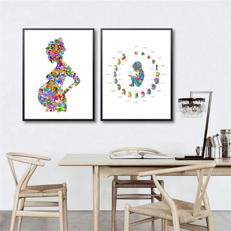 Pregnant Woman Art Canvas Painting Pictures Doctor Obstetrician Gift , Embryo Development Watercolor Art Poster Print Wall Decor