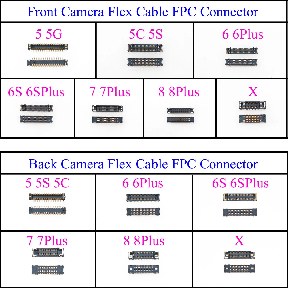 for iPhone 5 5G 5C 5S 6 6plus 6S 6SP 7 8 Plus /7plus 8plus X Front/Back Rear Camera Flex Cable FPC Connector On Motherboard