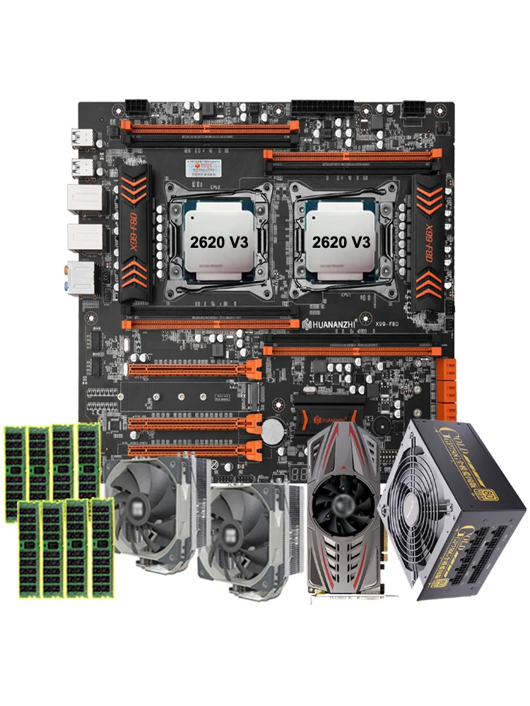 HUANANZHI X99 Dual CPU Motherboard 2 CPU Xeon 2620 V3 CPU Coolers 64G RAM DDR4 RECC GTX750TI Video Card 80Plus Golden 650W PSU