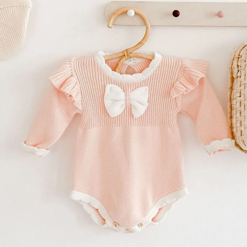 Cute Autumn Winter Infant Baby Girls Bowknot Rompers Clothing Kids Girl Long Sleeve Knit Rompers Clothes