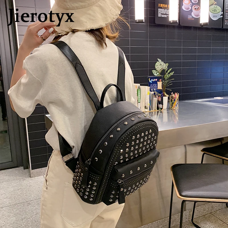 JIEROTYX 2021 New Arrival Preppy Leisure Backpack Womens Casual Daypacks Women Soild Zipper Rivet Shoulder Bags Soild Hot Sale