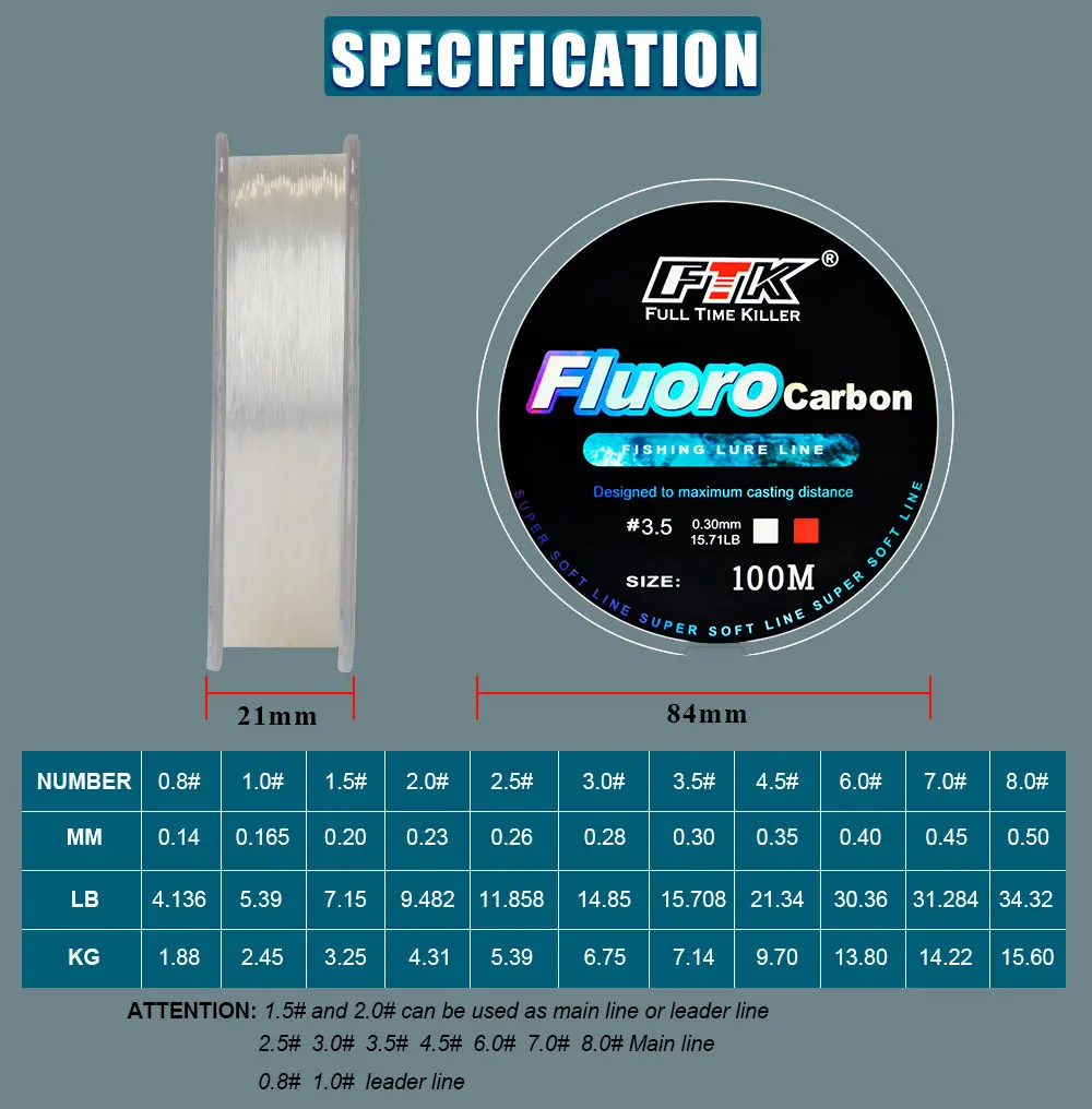 FTK 100m Fluorocarbon-Angelschnur 4.13-34.32LB Kohlefaser-Vorfachschnur Superweiche Schnur zum Fliegenfischen Pesca – Detail 3
