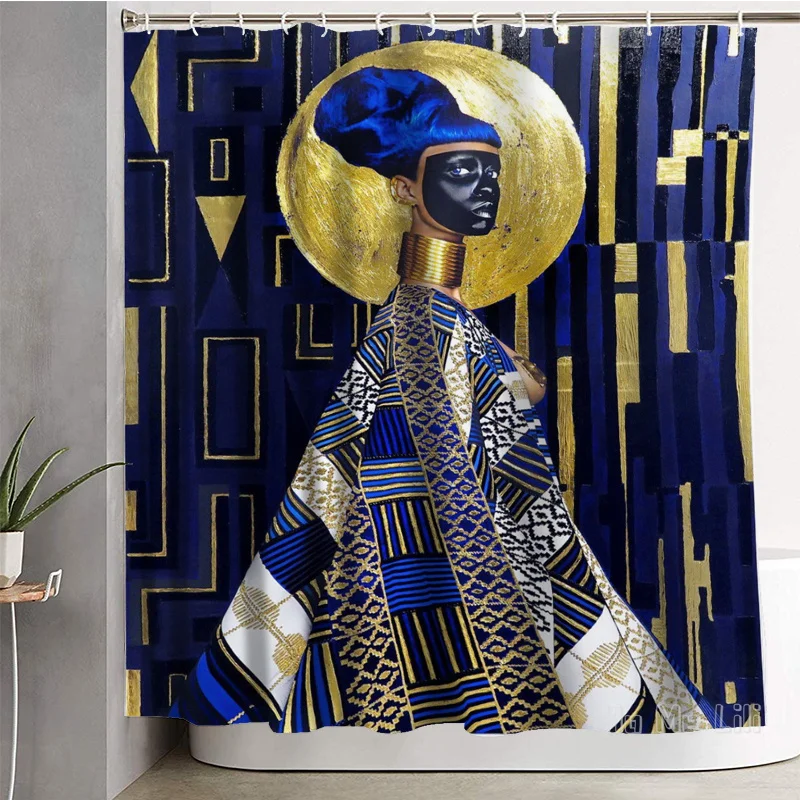 Black faced Noble Queen Surrounded By Blue Background And Gold Lines By Ho Me Lili Shower Curtain With Hooks