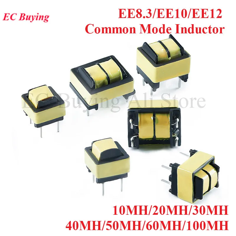 10pcs Common Mode Inductance EE8.3 EE10 EE12 10MH 20MH 30MH 40MH 50MH 60MH 100MH Power Filter Inductor Coil Transformer Inductor