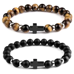 Pulseras cruzadas de piedra Natural para hombres y mujeres, pulsera de cuentas de Lava con mapa de cuerda elástica cruzada de acero inoxidable de hematita, joyería con dijes