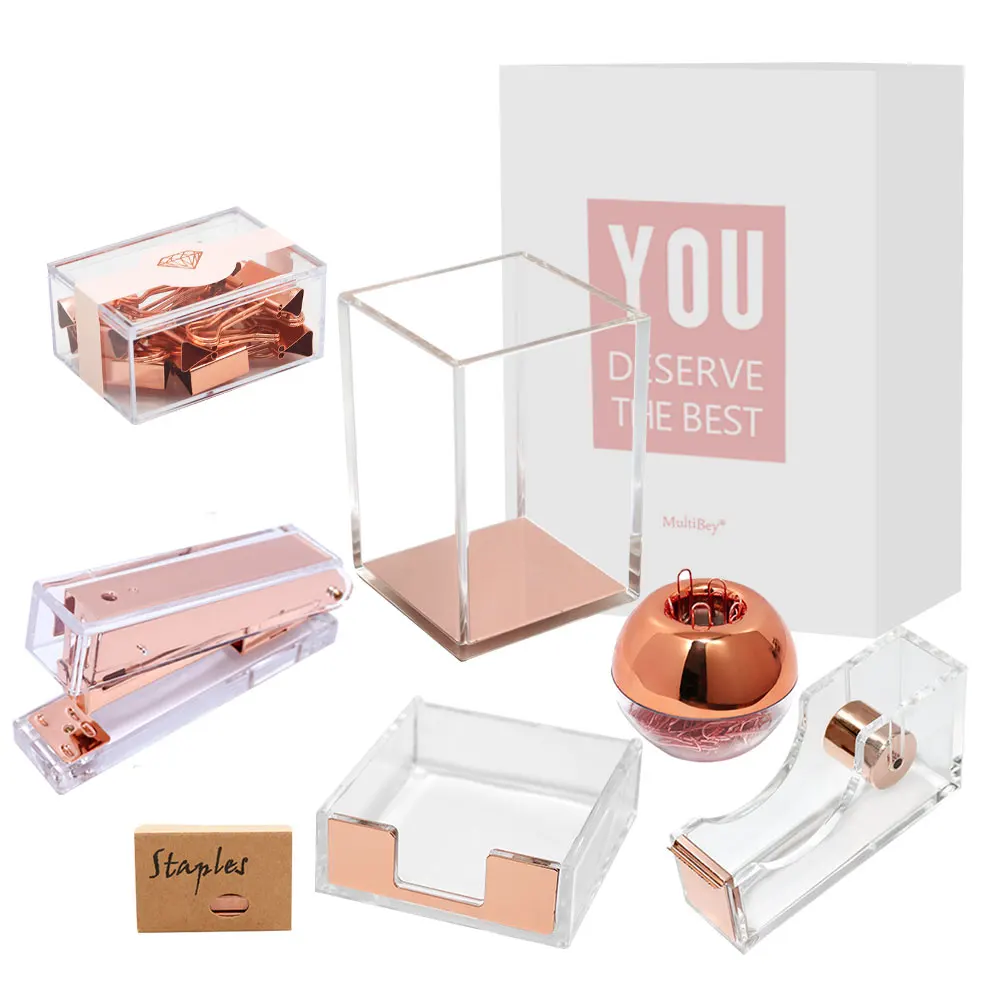 Pink Acrylic Desk Office Organizer Set Desk Accessories Memo Rose Gold Luxury Office Accessories