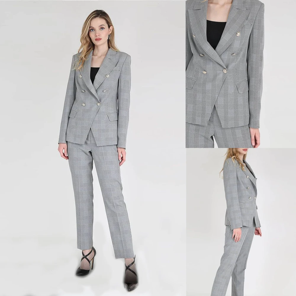 Classic Office Lady Plaid Suits Fashion Elegant Double Breasted Check Blazer Business Smart Casual 2 Pieces ( Pants + Jacket )