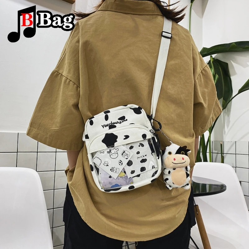 Women Girls Cartoon Cow Print Shoulder Crossbody Bag Cute cow card transparent canvas Satchel itabag