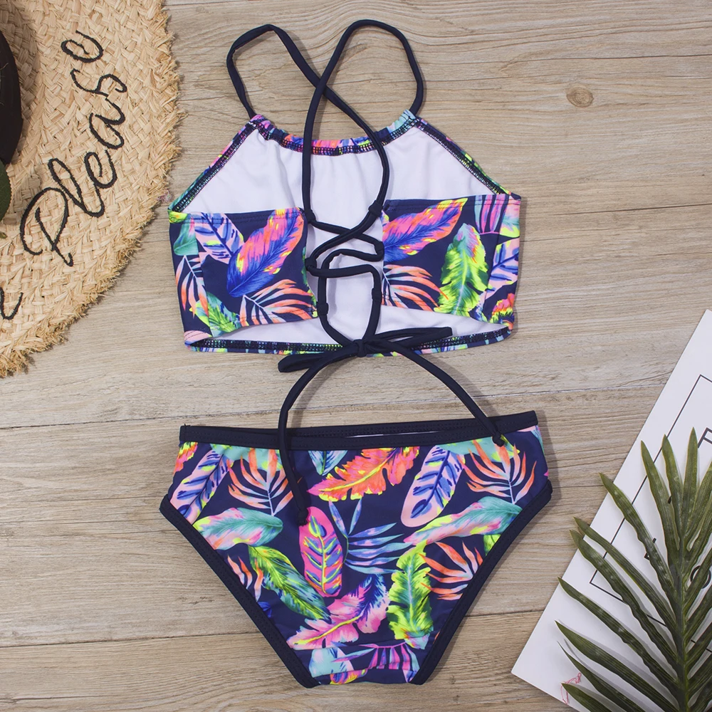 Feather Print Kids Girls Bikini Set 2024 New Bandage Children Swimsuit Summer Baby Two Piece Swimwear Biquini Infantil A298