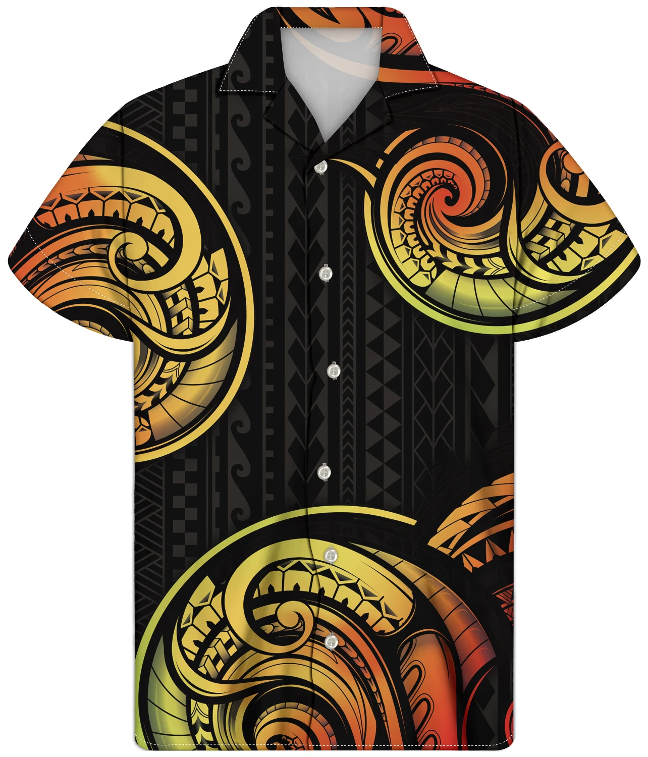 2022 Low Price Custom Polynesian Tribal Black Background With Gold Stripe Print Men's Wear Short Sleeves Men's Retro Style Tops