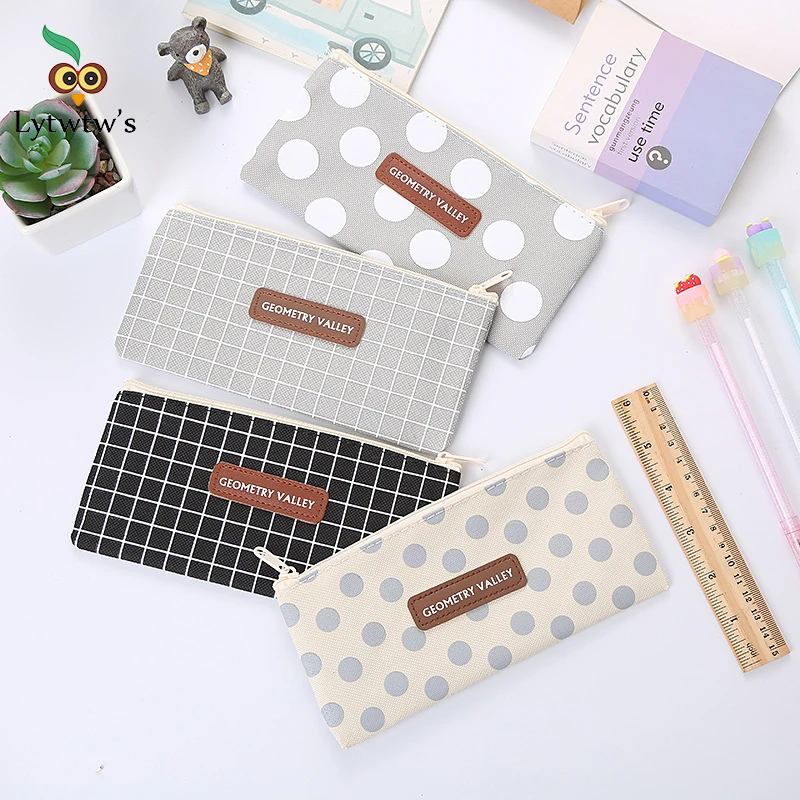 1 Pieces Lytwtw's New Dot Grid Pen Pencil Bag Canvas School Stationary Receive Black Tools Makeup Pouch Cosmetics Case