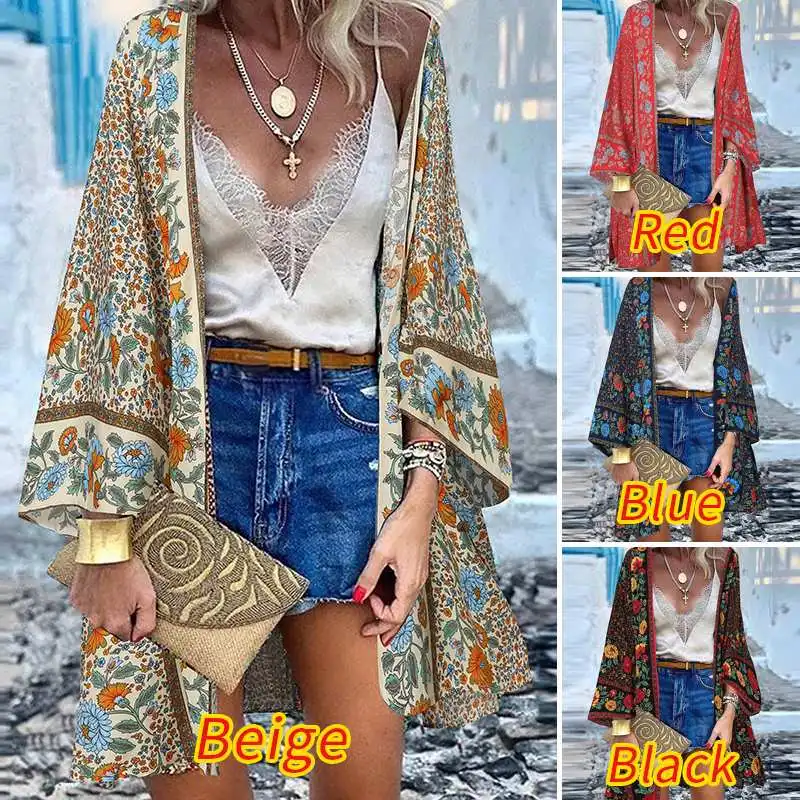 Summer Bohemian Beach Printed Cardigan Women Floral Long Sleeve Blouse ZANZEA Kimono Vintage Open Front Holiday Shirt Tunic Tops