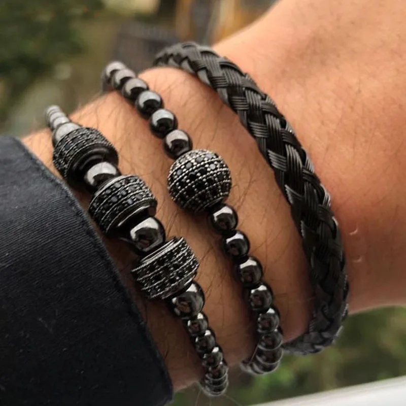 3PC/SET Luxury CZ Pave Ball Tube Black Stainless Steel Beads Macrame Men Bracelet Bangle Set