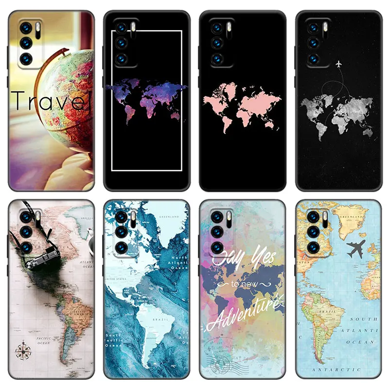 World Map Travel Case For Huawei P50 P40 P30 P20 Pro P10 P9 P8 Lite 2017 P Smart Z S 2021 2020 Pro 2019 2018 Black Cover