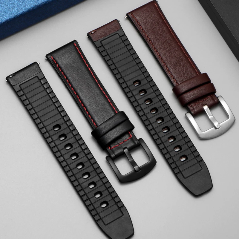 YOPO Leather +Silicone 2in 1 watchband 22mm brown black red line strap for Samsung Gear S3 smart sport watch Quick release