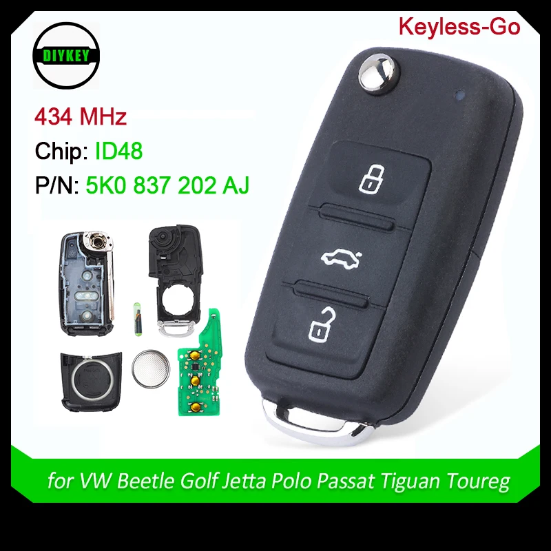 

DIYKEY KYDZ Keyless-Go Remote Key 434MHz ID48 Chip for Volkswagen Beetle Golf Jetta Polo Passat Tiguan Toureg P/N:5K0 837 202 AJ