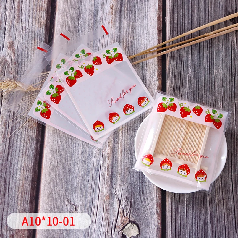 50/100pcs Strawberry Baby Light Pink Frame Self Stick Bag Transparent Baking Cookies Cute Baby Shower Party Supplies Gift  Wrap