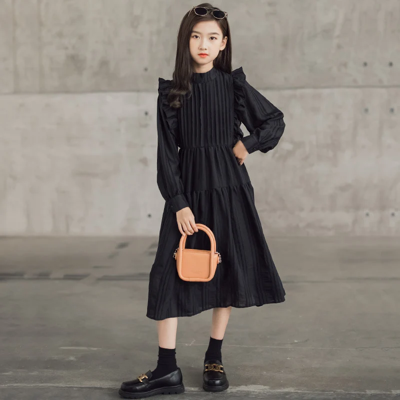 6 To 16 Years Teenage Girls Princess Dress Pleated Kids Clothes Spring Long Sleeve Elegant Dress for Girl Black White Costume