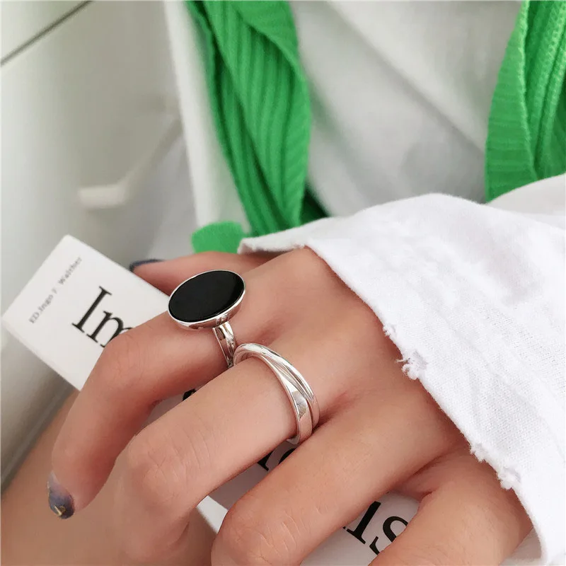 LIVVY Minimalist Fashion Oval Shaped Black Drop Glaze Silver Color Open Ring double Temperament  Jewelry Gift For Woman