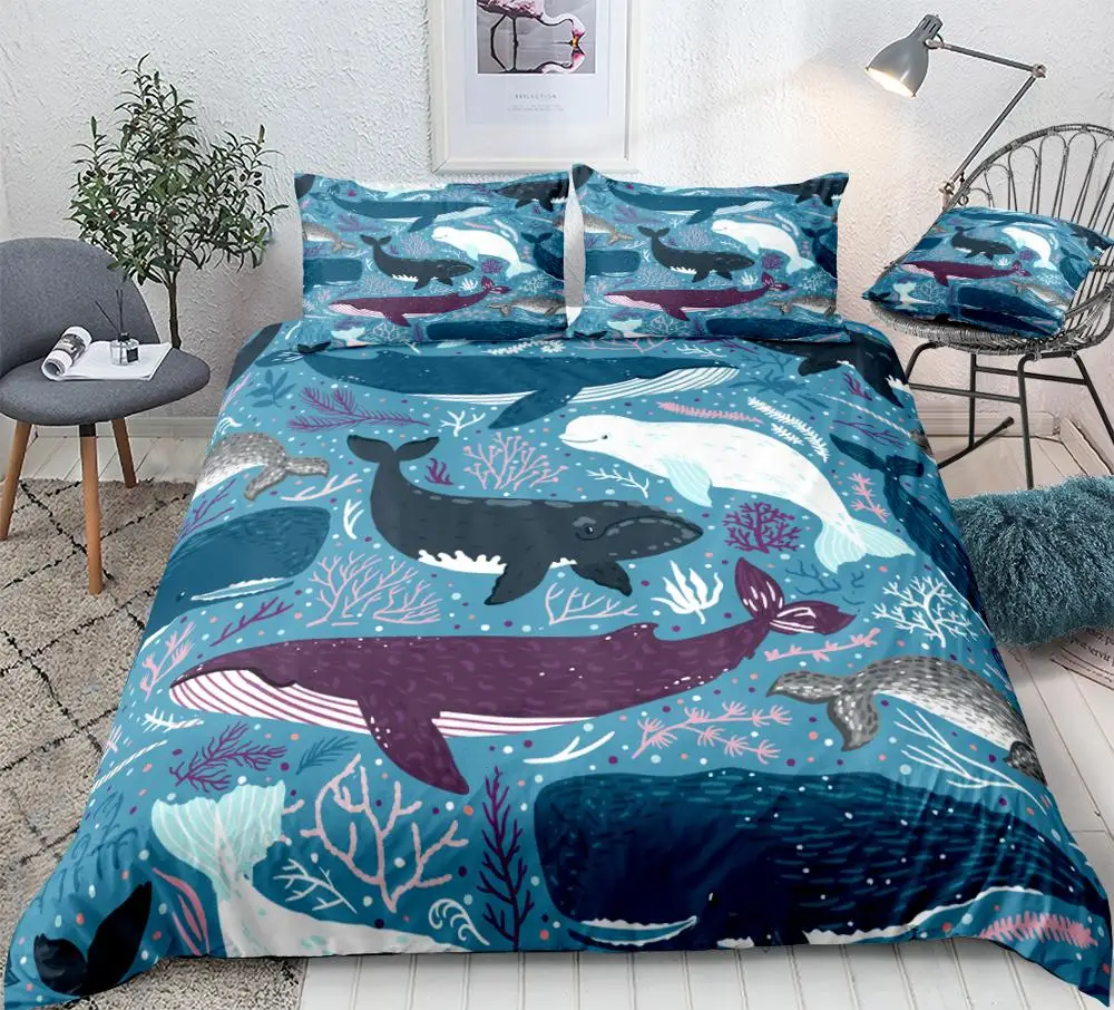 

Ocean Duvet Cover Set Blue Whale Bedding Set Sea Animal Bed Linen Striped Beds Set Kids Teens Home Textile Microfiber Bedclothes