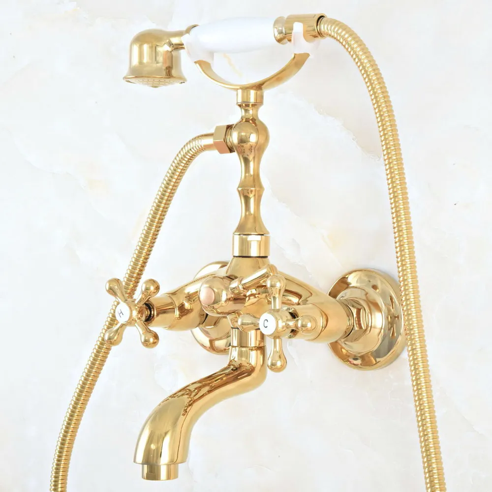 

Gold Color Brass Wall Mounted Bathroom Clawfoot Bathtub Faucet & Hand Shower Basin Sink Mixer Tap & HandShower zna810