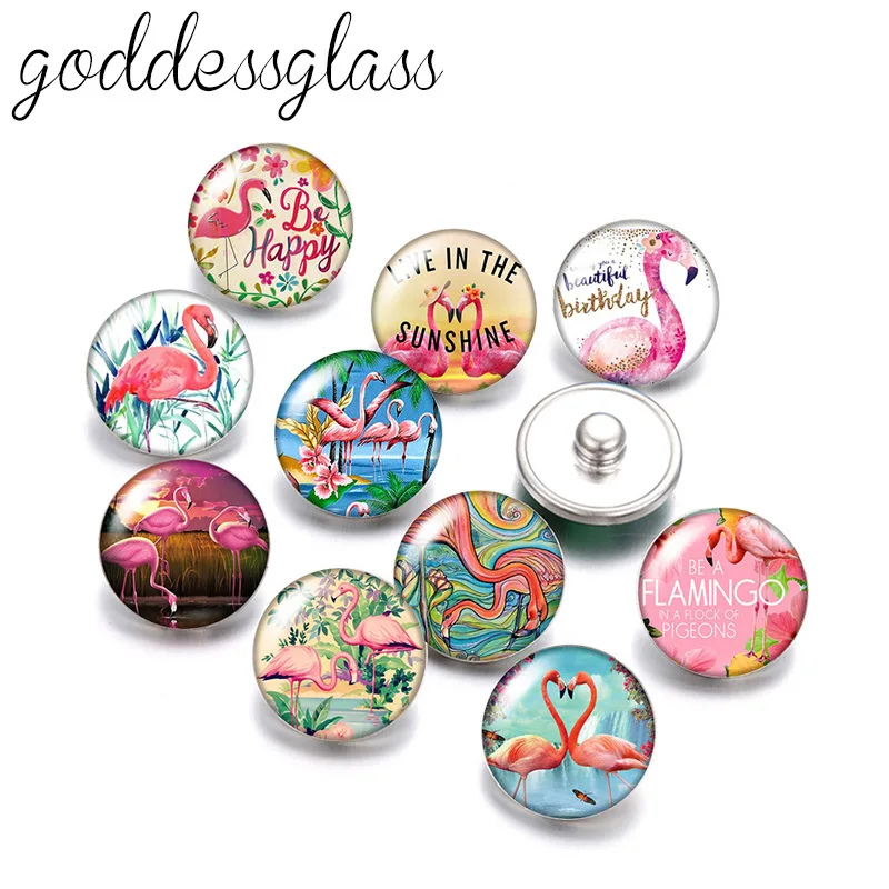 New Cute Flamingo Birds  Fashion 10pcs Round photo 18mm snap buttons for 18mm snap necklace DIY findings jewelry