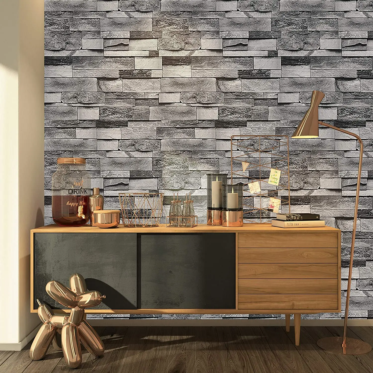 Grey Brick Wallpaper Self Adhesive Contact Paper Peel and Stick Faux Stone Effect Wall Paper for Feature Wall Decoration