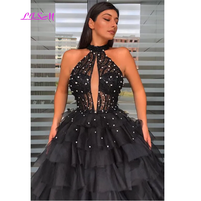 Vestido de baile negro para quinceañera, vestidos Halter con cuentas de cristales, tul hinchado, dulce 16, 15 años, 2021