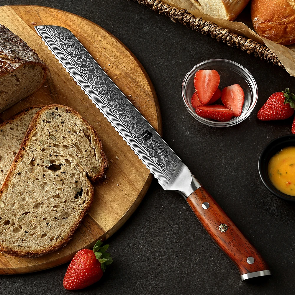 XINZUO 9\'\' Inch Serrated Knife 67 Layer Damascus Steel Cutter Cutting Bread Cheese Toast Sharp Table Knife with Rosewood Handle