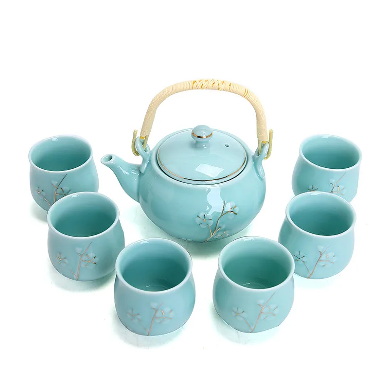 

Chinese Style Tea Set Household Ceramic Cup Teapot Loop-Handled Modern Simple 6 PCs Cup Cold Water Bottle Dry Pour Tea Tray