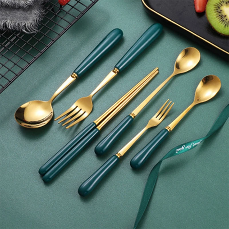 Light luxury emerald western food cutlery spoon chopsticks malppy green ceramic spoon black green stainless steel eating spoon