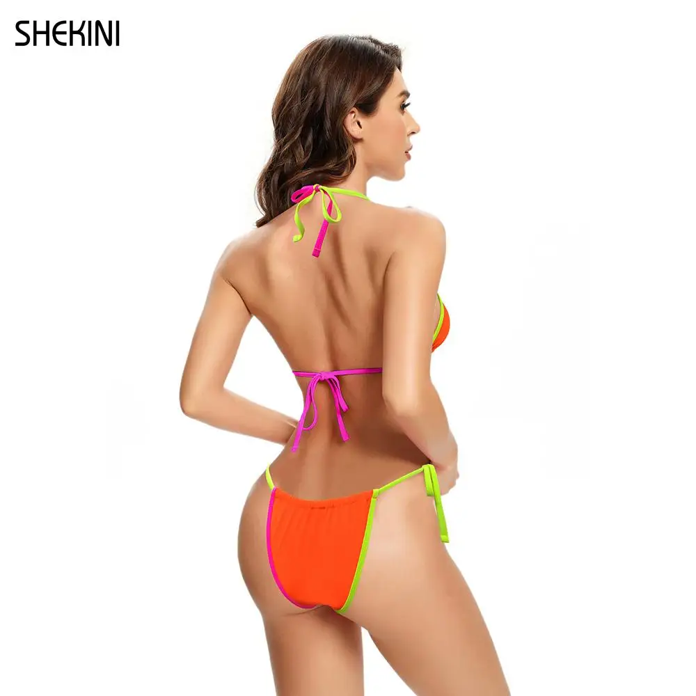 SHEKINI Women's Halter Triangle Hit The Color Bikini Low Waist Tie Side Bottom Two Piece Swimsuits Beach Bathing Suits Swimwear