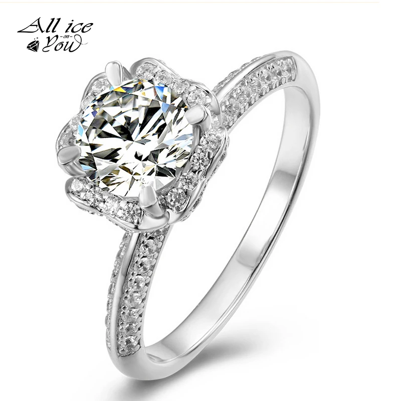 

ALLICEONYOU 925 Classic Silver 1ct D-E Color Luxury Moissanite VVS Fine Jewelry Wedding Stud Love Flower Ring For Women Gift