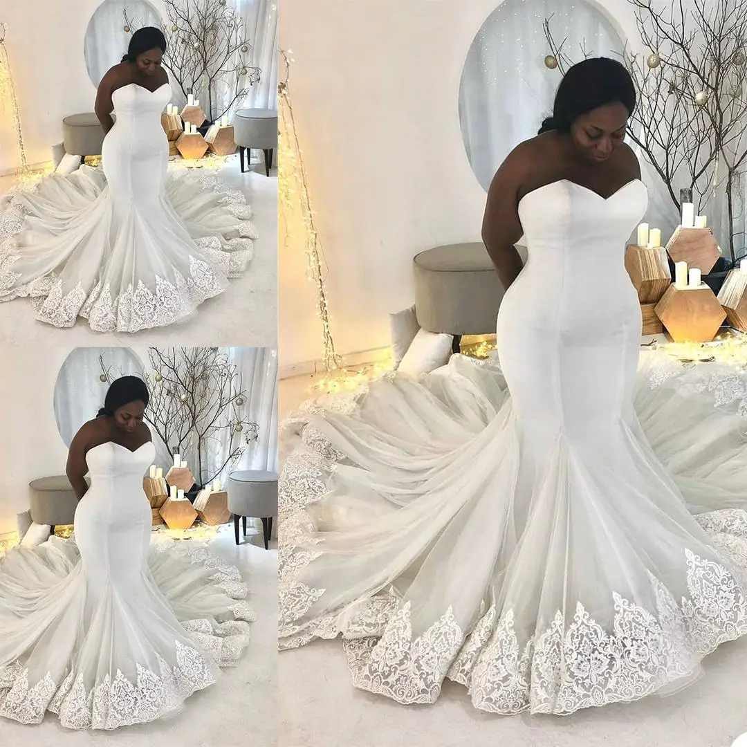 Afrykańskie satynowe suknie ślubne Plus Size Sweep Train Sweetheart Vestido de Novia syrenka koronkowe aplikacje suknia ślubna