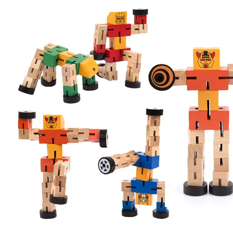 Kids Wooden Transformation Robot Manual Folding Building Block Toy For Children Autobot Figure Model Educational Puzzle Toy Gift