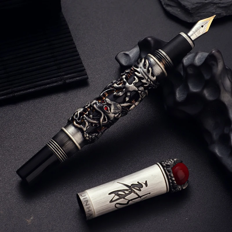 Jinhao Ancient Dragon King Ancient Fountain Pen Metal Embossing Hi-tech, Gray & Red & Gold Color Fit Office & Home & School