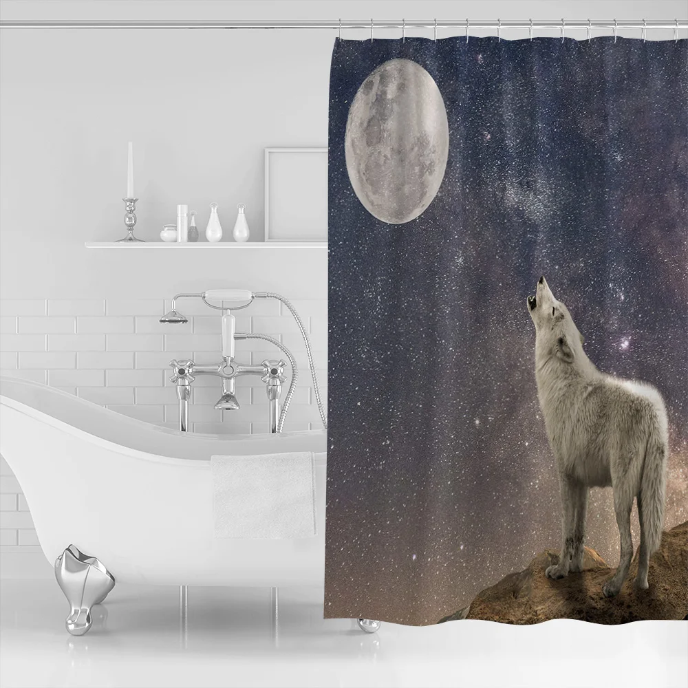 Modern Shower Curtain for Moon Starry Sky Wolf Bathroom Special Exquisite Waterproof Polyester Shower Curtain with Hook