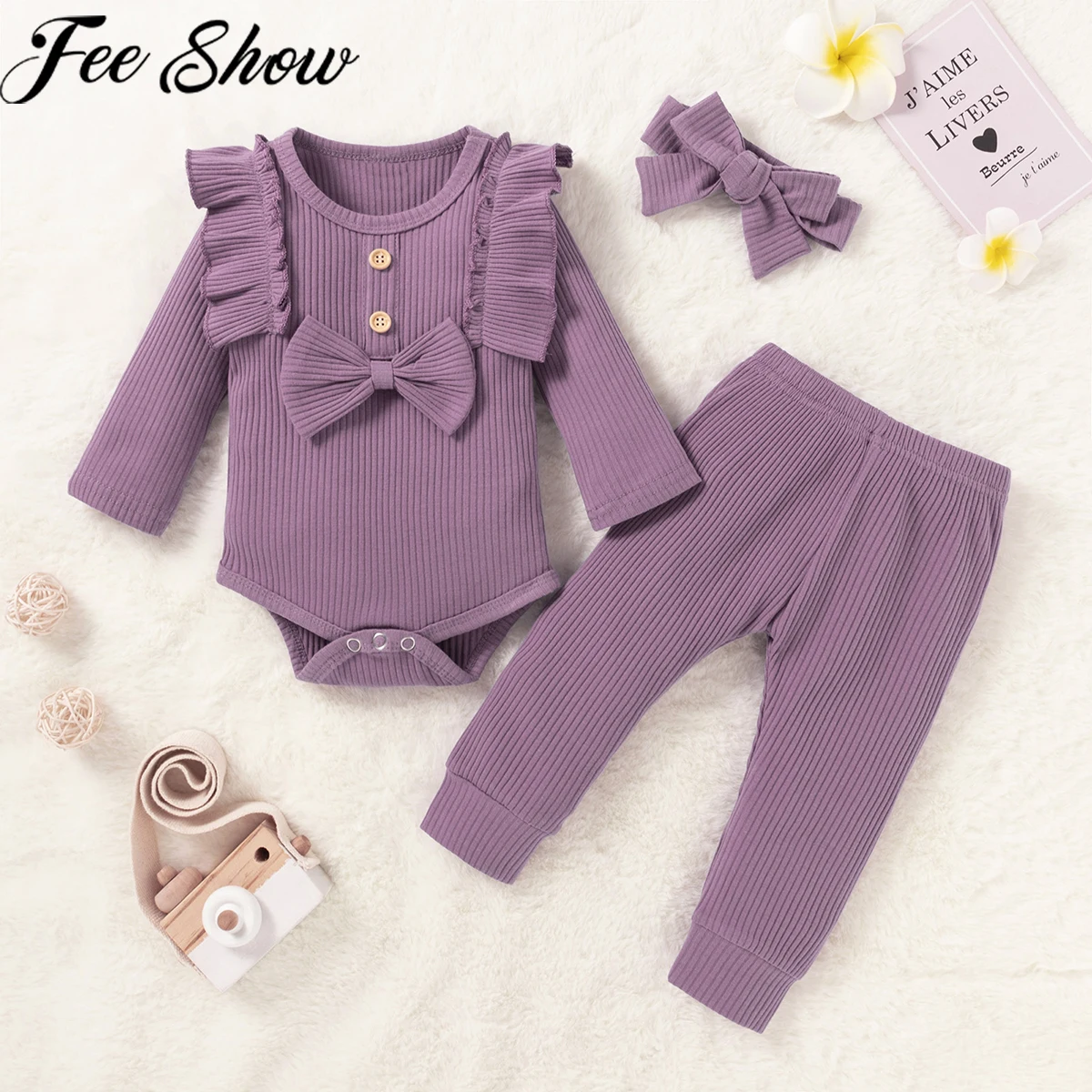 

Toddler Baby Girl Clothes Sets 2pcs Fashion Girls Long Sleeve Waffle Big Bow Knitted Ribbed Tops+Pants Baby Set Outfits 0-24M